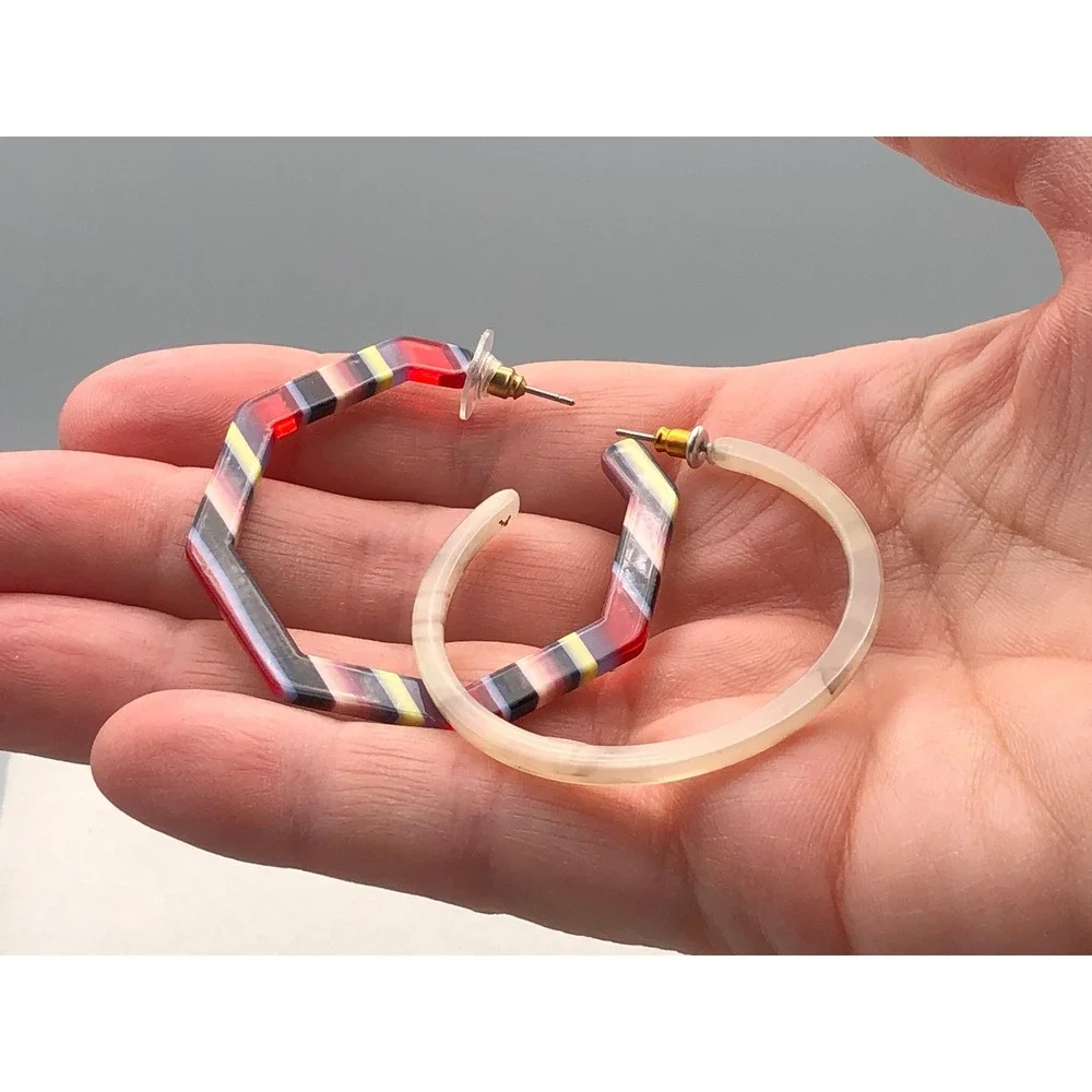 Hoop Earrings Set‎ Multicolor Striped Octagon Cream Marbled Acrylic Resin